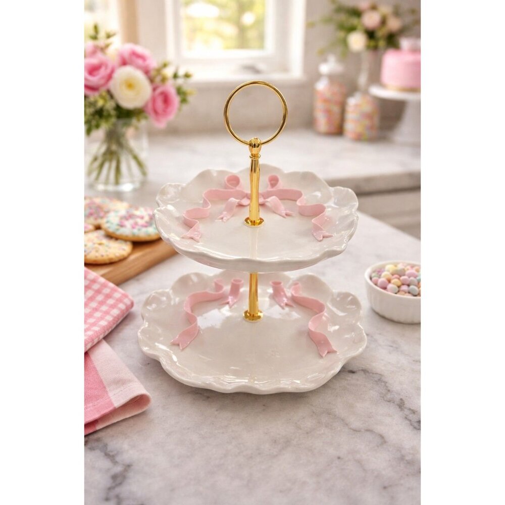 New 2 Tier Ceramic Tray Pink Bow Jewelry Accessories Stand Holder Gold Organizer